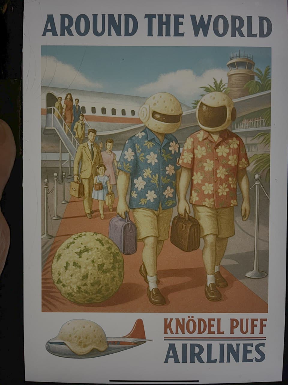 Knödel Puff Airlines — Around the World vintage travel poster with dumpling helmet figures
