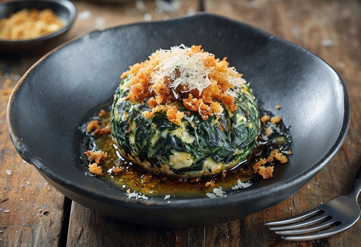 Austrian spinach knödel on dark plate with brown butter and parmesan